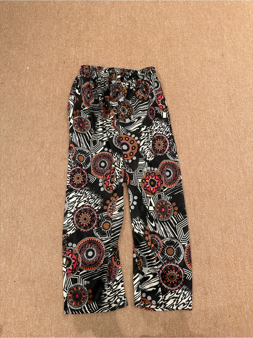 Wide Leg Patterned Women’s Pants in Black with Pink & Orange Accents